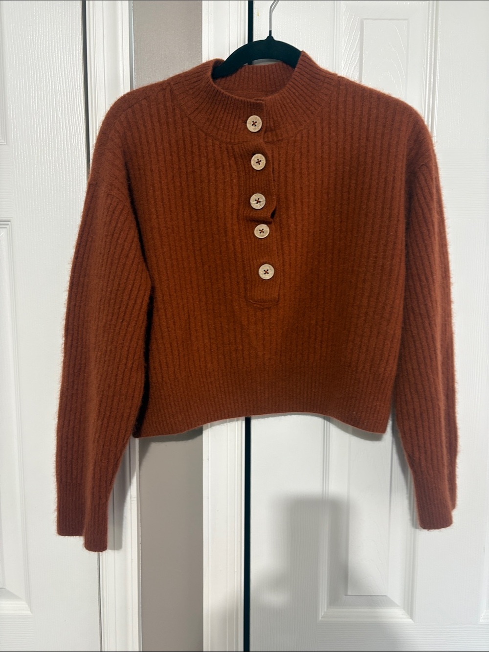 Free People Ribbed Button-Front Crew Sweater - Rust